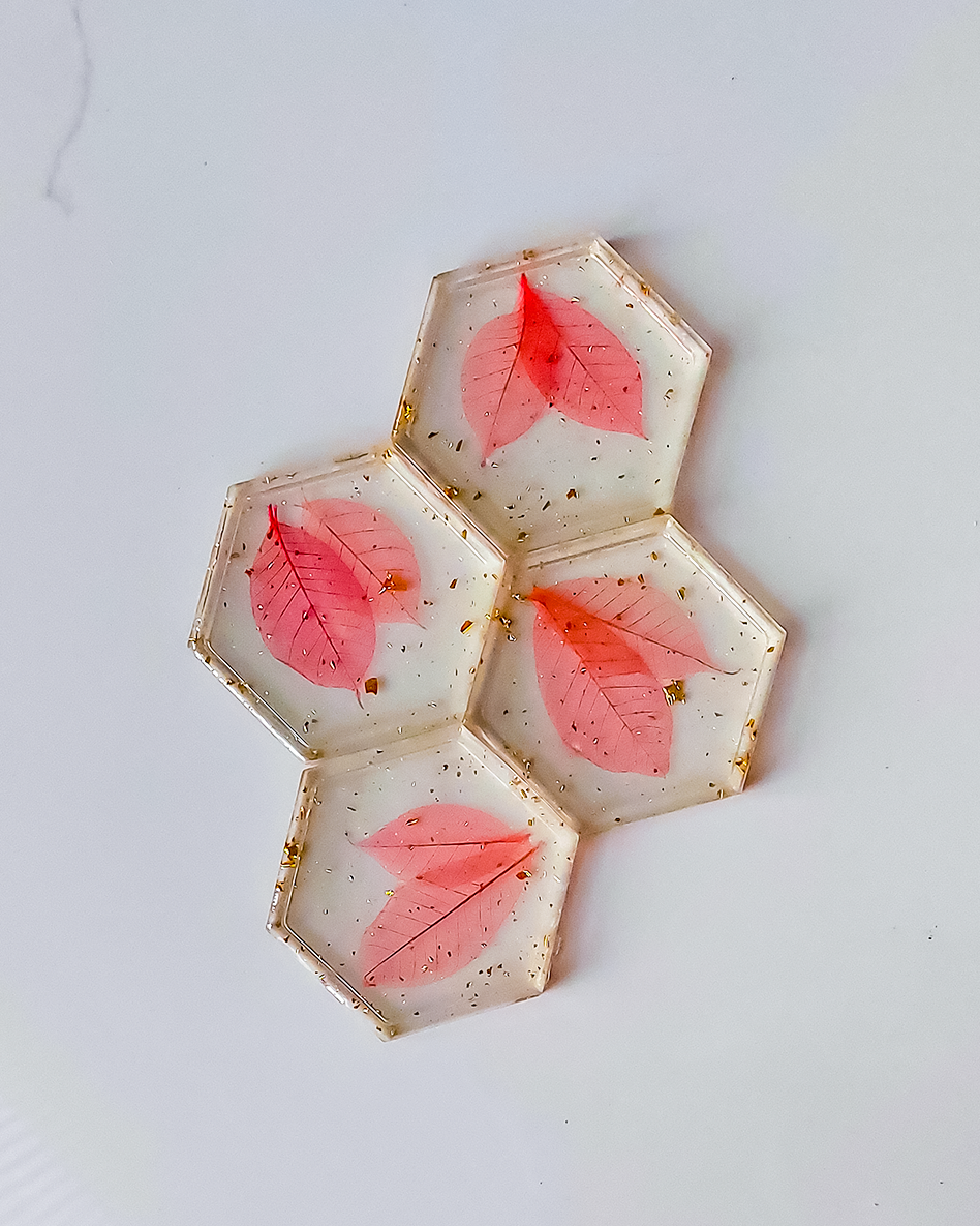 Botanical Resin Coasters Set | Hexagon Floral Drink Coasters