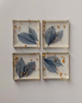 Blue Botanical Resin Coaster Set | Pressed Leaf Coasters with Gold Flakes