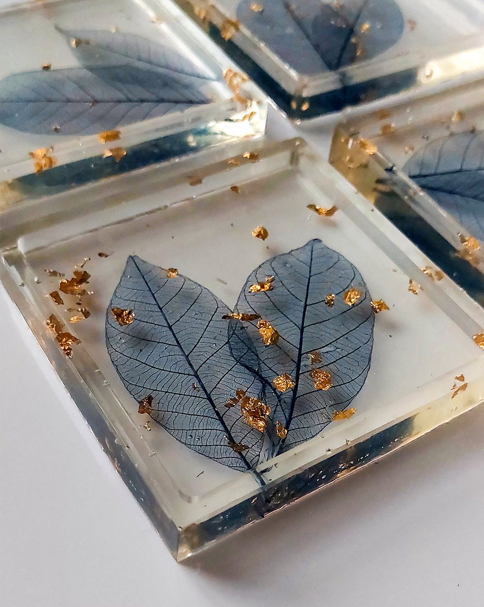 Blue Botanical Resin Coaster Set | Pressed Leaf Coasters with Gold Flakes
