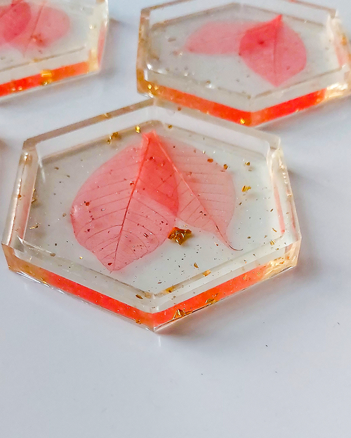 Botanical Resin Coasters Set | Hexagon Floral Drink Coasters